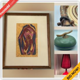 MaxSold Auction: This online auction features Hungarian Folkart pottery, swivel chair, Denby stoneware, Fat Lava lamps, art glass, art pottery, original painting, BMP, brass sculpture, Mexican studio pottery, fabric, decanter, and much, much, more!!!